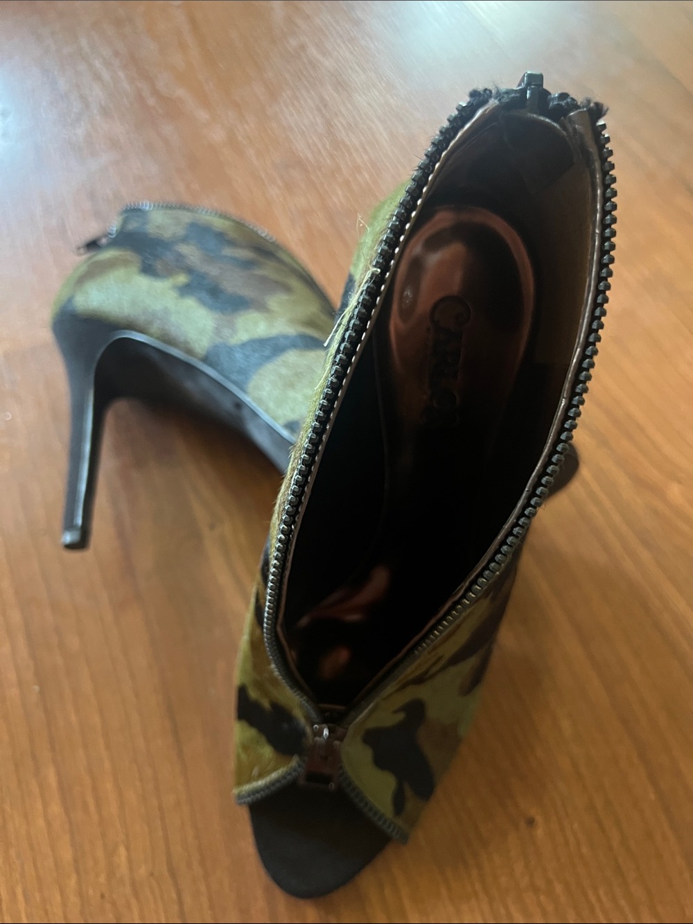 Carlos Santana Olive Camo Peep-Toe Stiletto Booties with Front Zip